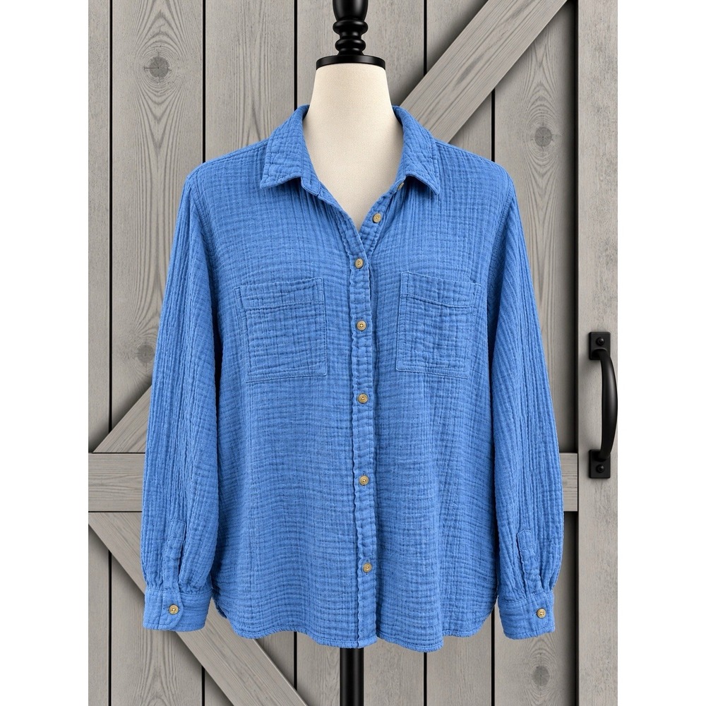 LL Bean Cloud Cotton Double Gauze Pullover Top Blue Size XL Coastal Breathable